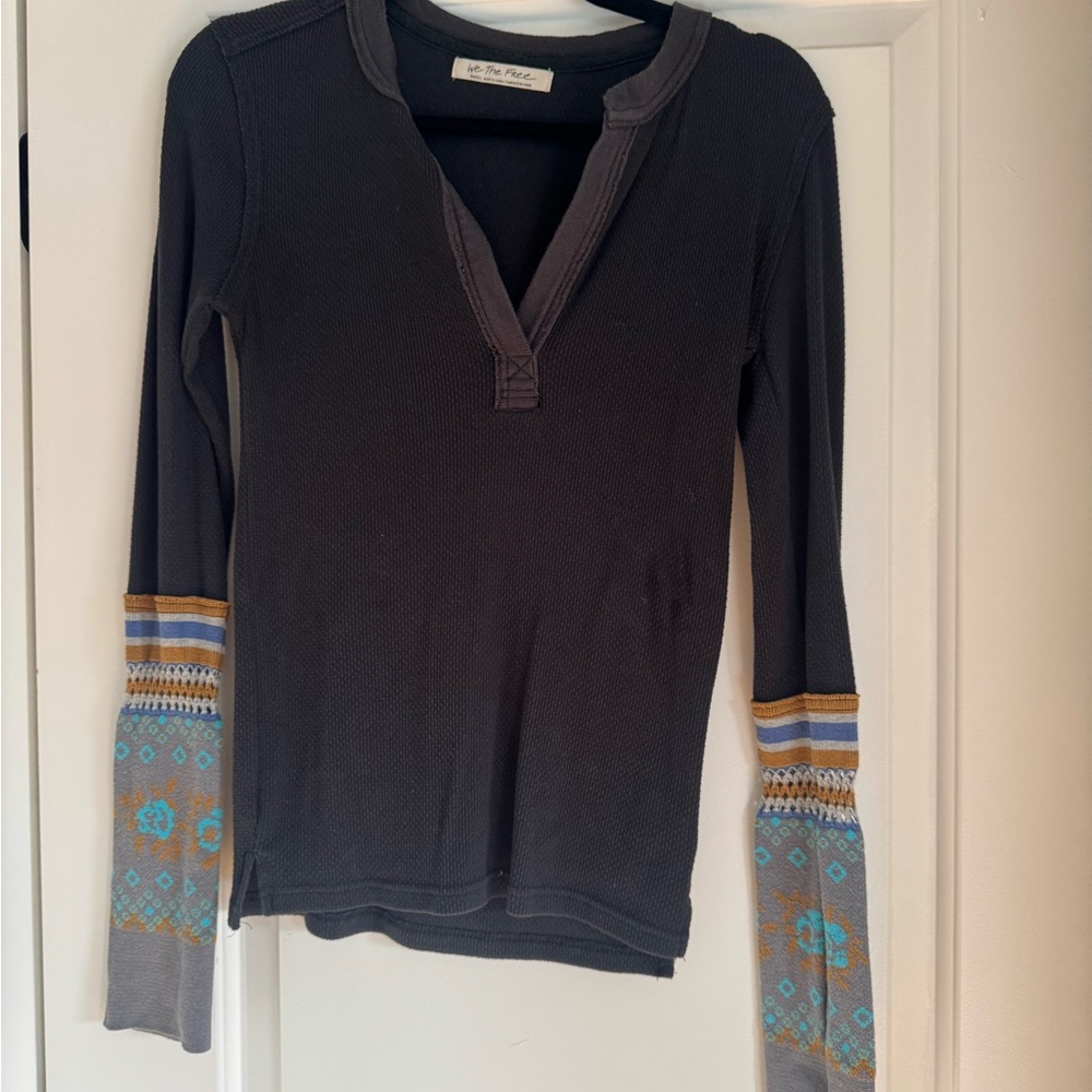 We The Free Charcoal Long Sleeve Top with Colorful Patterned Sleeves